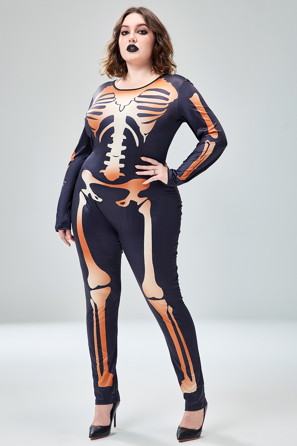 Xpluswear Design Plus Size Halloween Costume Gothic Black Skeleton Print Long Sleeve Knitted Jumpsuit [Pre-Order]