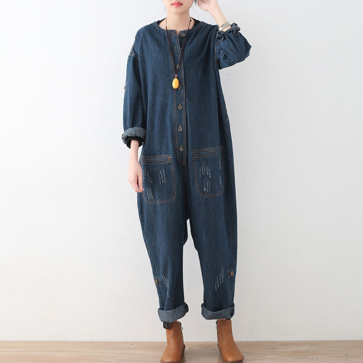 2021 blue casual cotton high waist plus size jumpsuit pants