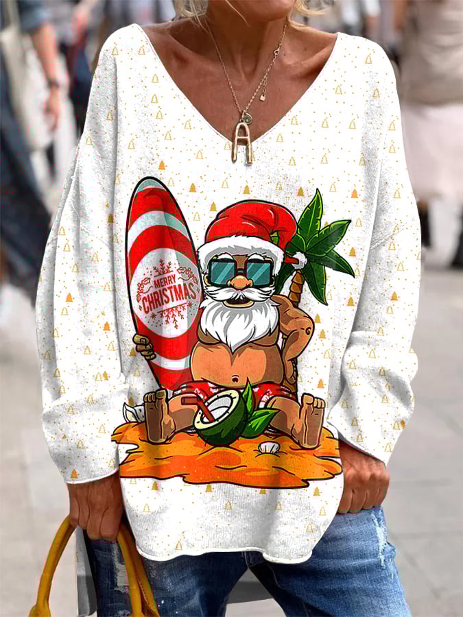Women's Hawaiian Santa Print French Cashmere V-Neck Top
