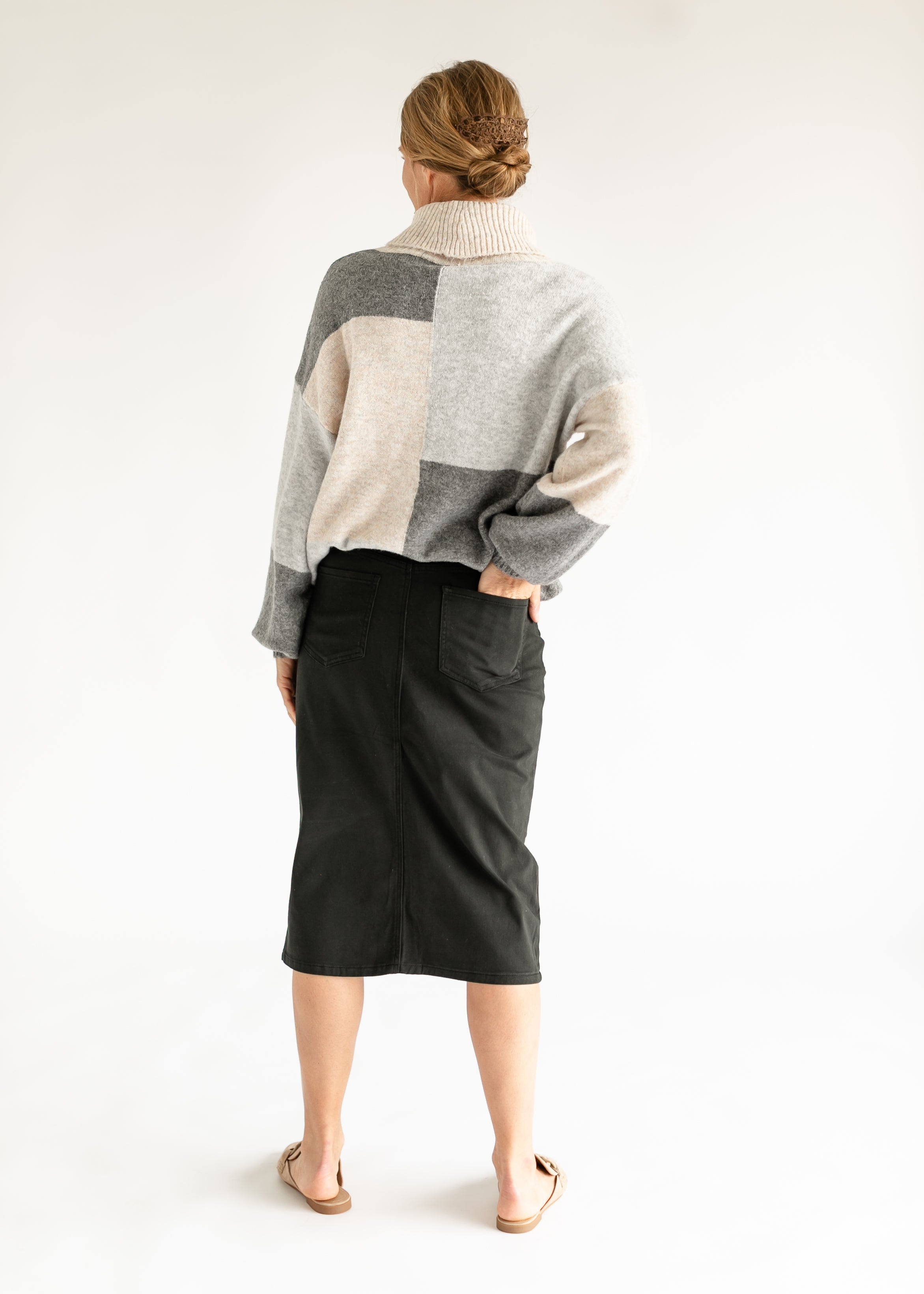 Remi Sable Black Denim Midi Skirt