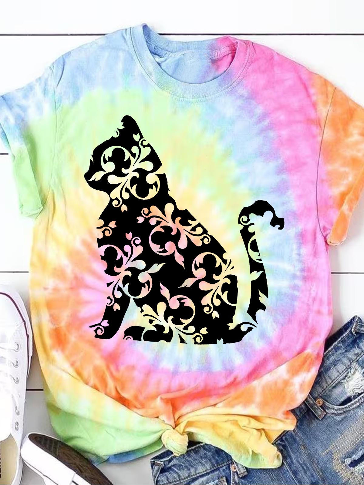 Floral Print Cat Print Rainbow Tie Dye T-shirt