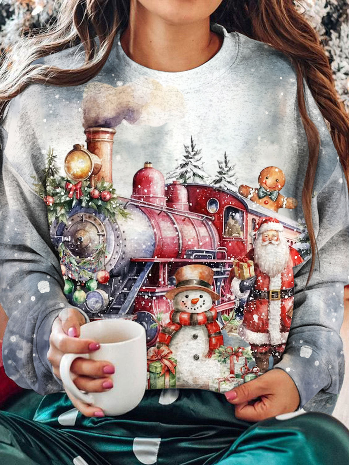 Women's Christmas Train Print Round Neck Long Sleeve Top