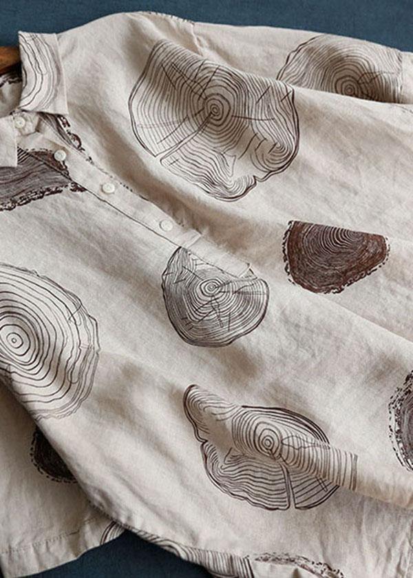 Vintage Beige Peter Pan Collar Print Summer Linen Blouses Half Sleeve