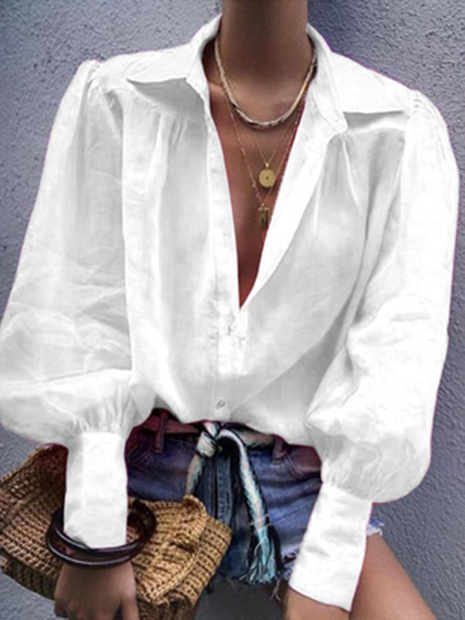 Women's Solid Color Pleated Long Sleeve Shirt