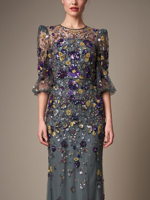 Round neck sequined mesh maxi dress