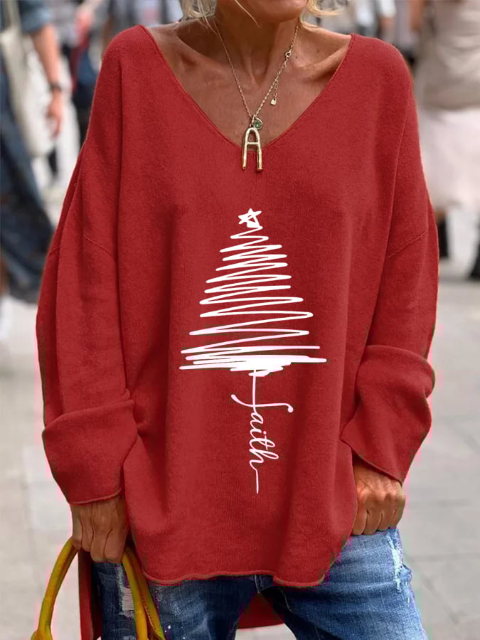 Women's Christmas tree faith French cashmere V-neck top