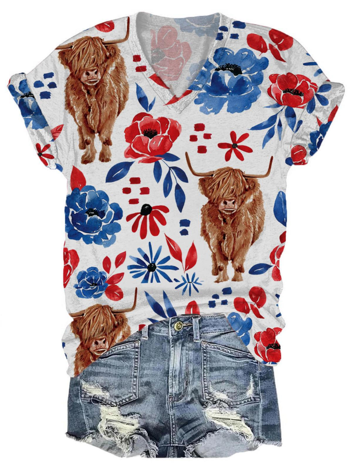 American Flag Cow Star T-shirt