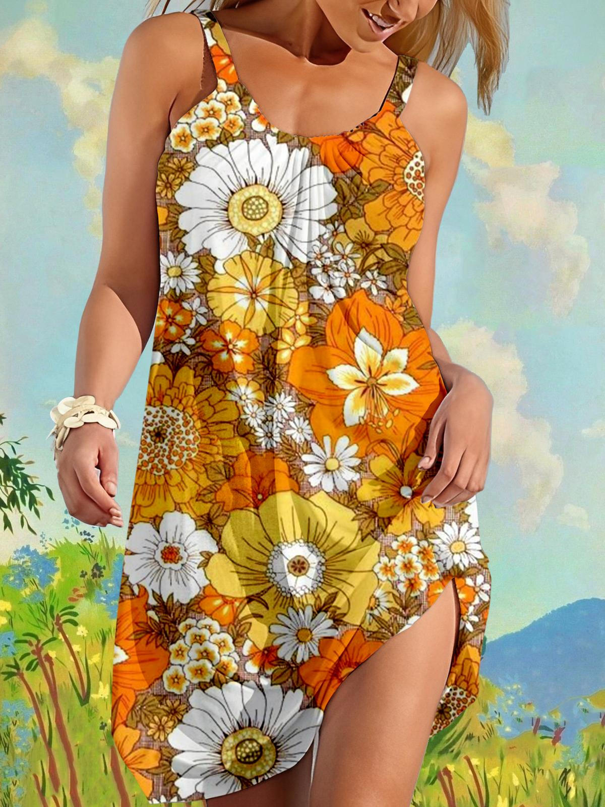 Retro Sunflower Print Casual Beach Dress